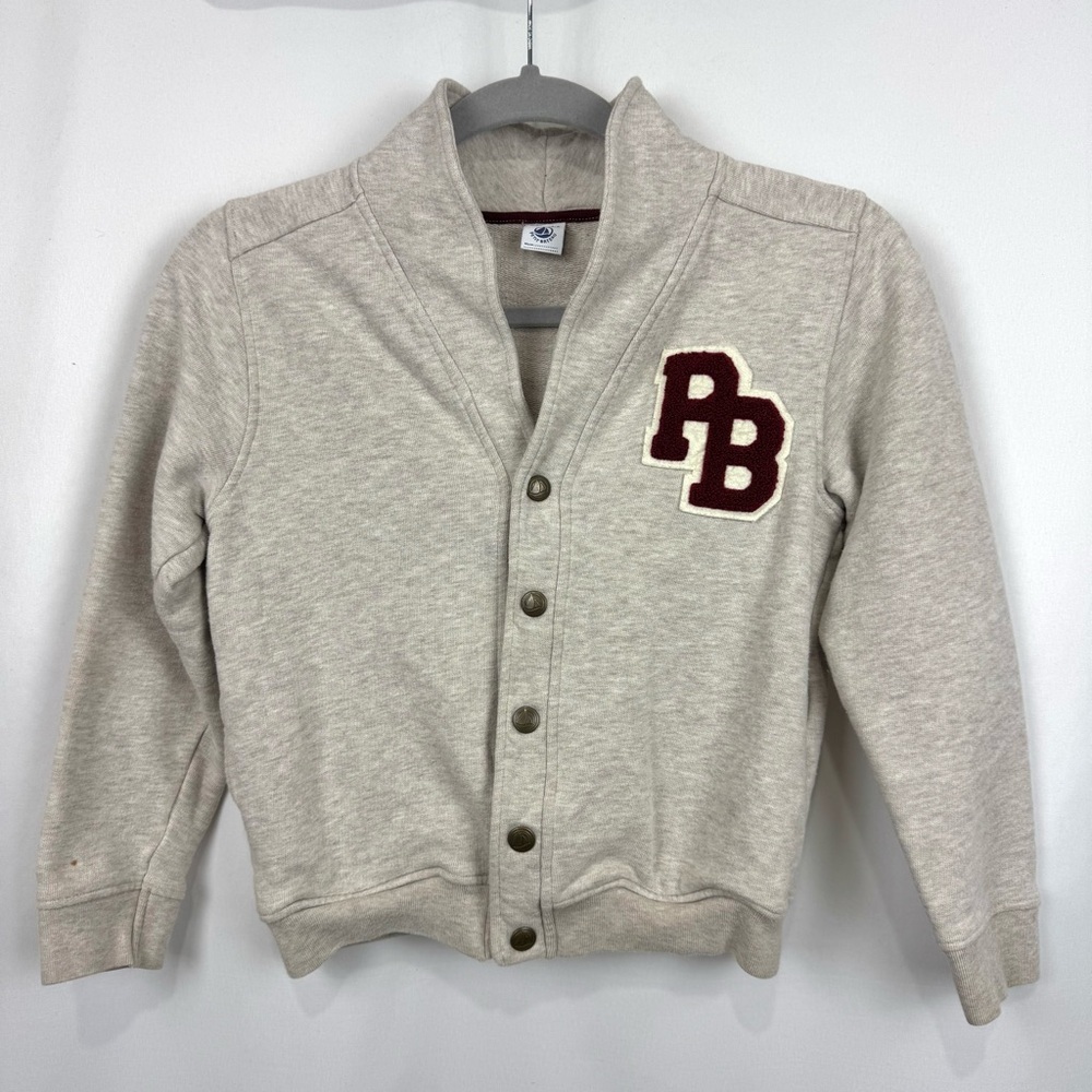Petit Bateau Kids Sz 10 Beige Sweatshirt Cardigan "PB" Patch Button Front Casual